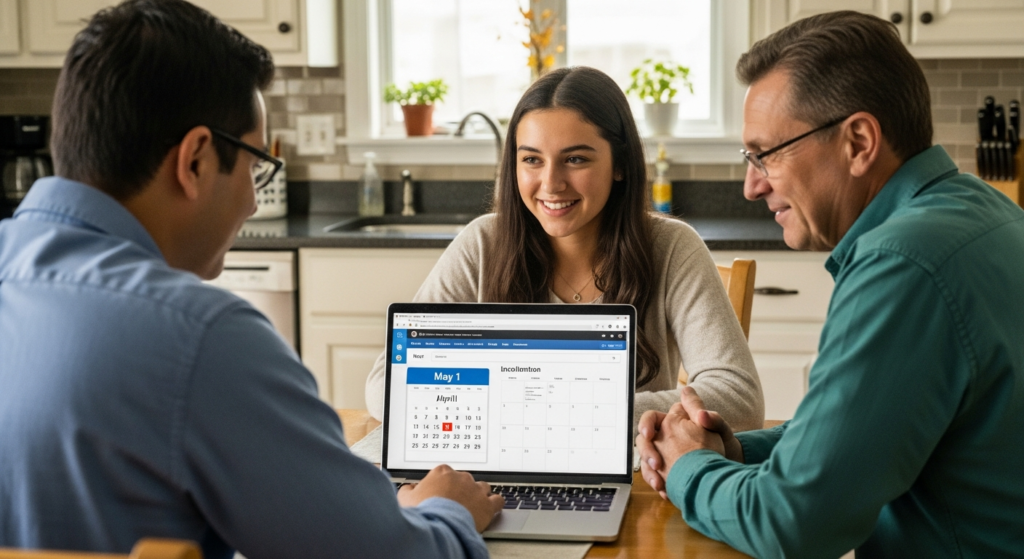 National Decision Day May 1: How to Choose the Right College in the Next 30 Days - Family at laptop on May 1 Decision Day - Coach Tony Le egelloC